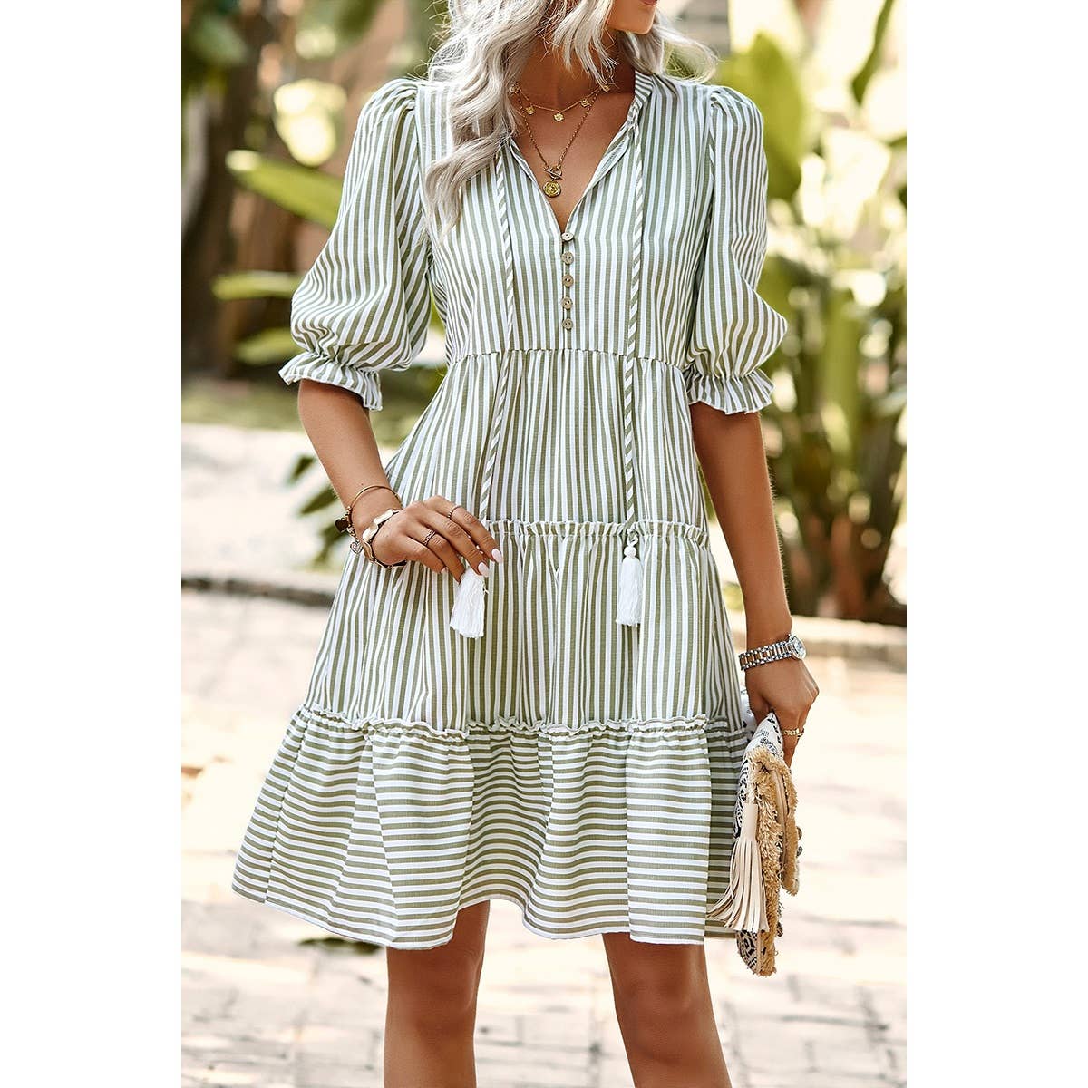 Stripe V Neck Button Puff Sleeves High Waist Dress