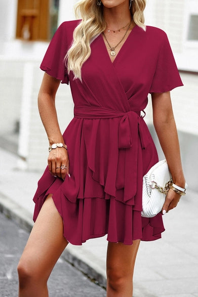 Burgundy V-Neck Ruffle Mini Dress