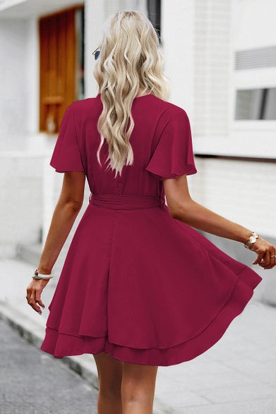Burgundy V-Neck Ruffle Mini Dress
