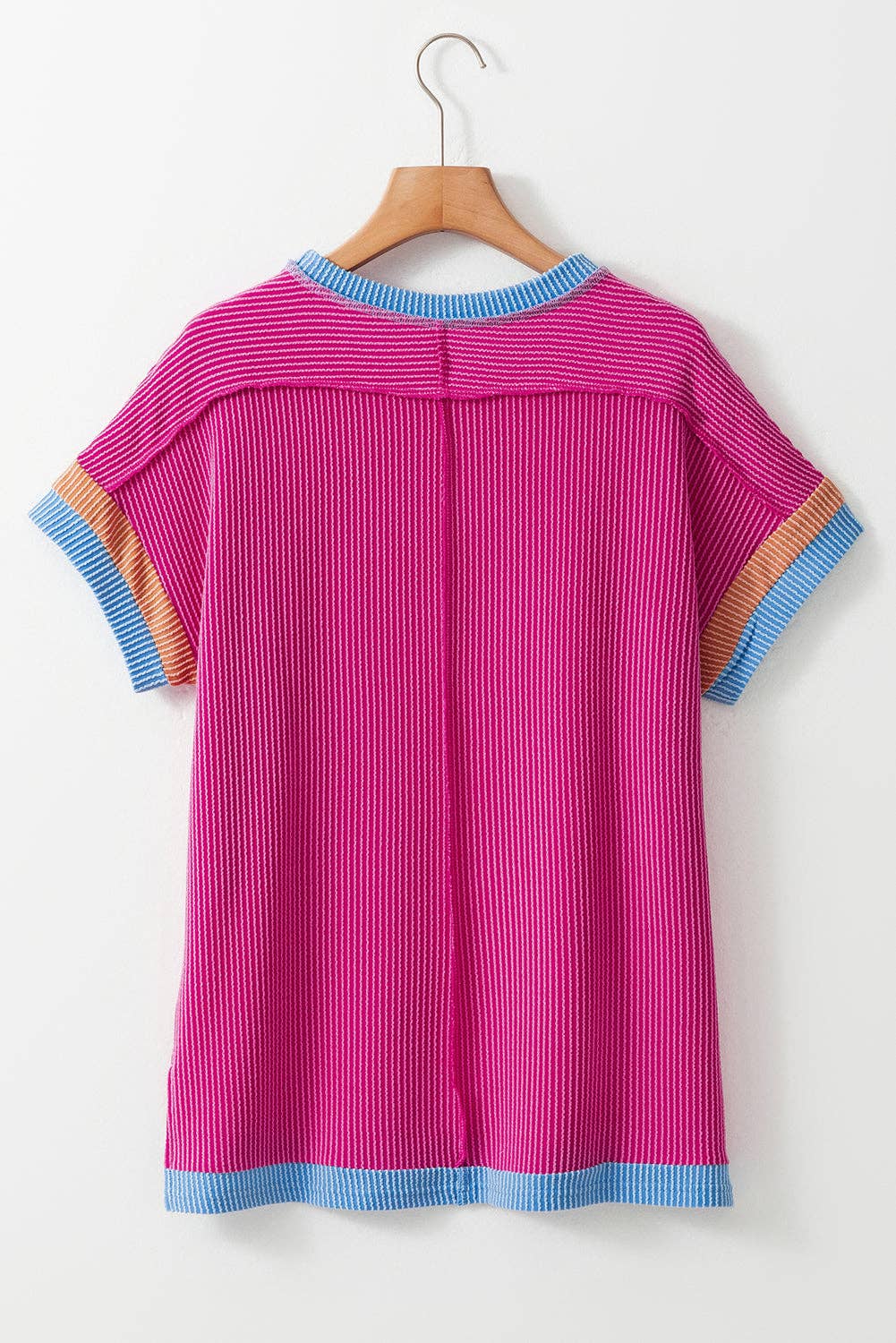 Textured Contrast Trim Round Neck T Shirt