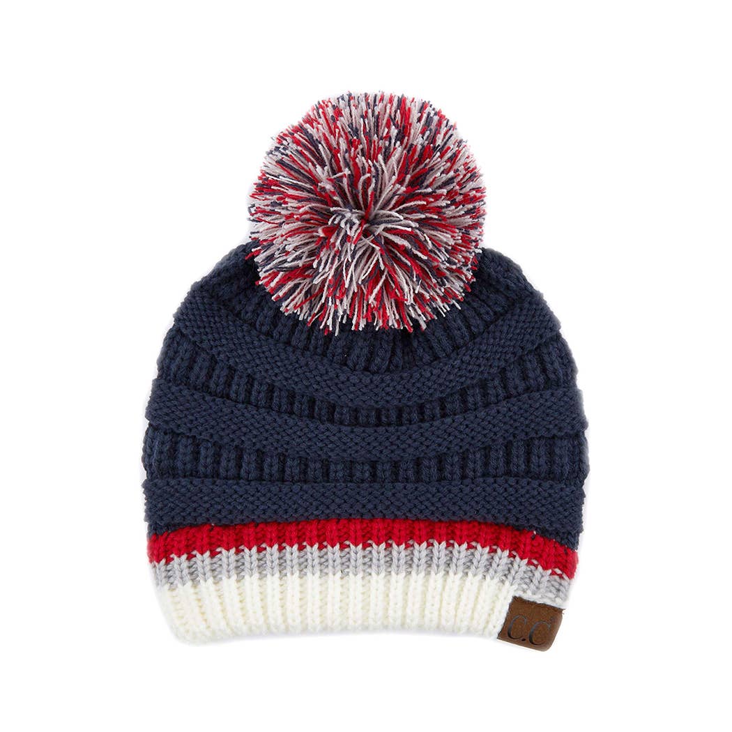 Colorblock Ribbed Beanie with Pom Pom