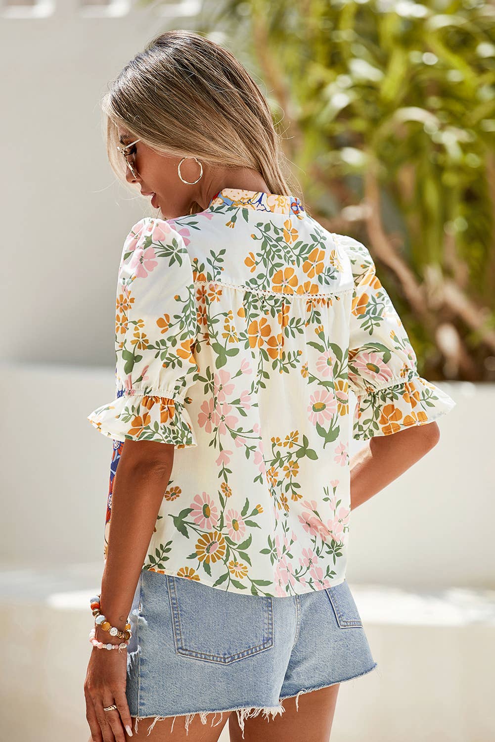 V Neck Half Sleeve Boho Floral Blouse