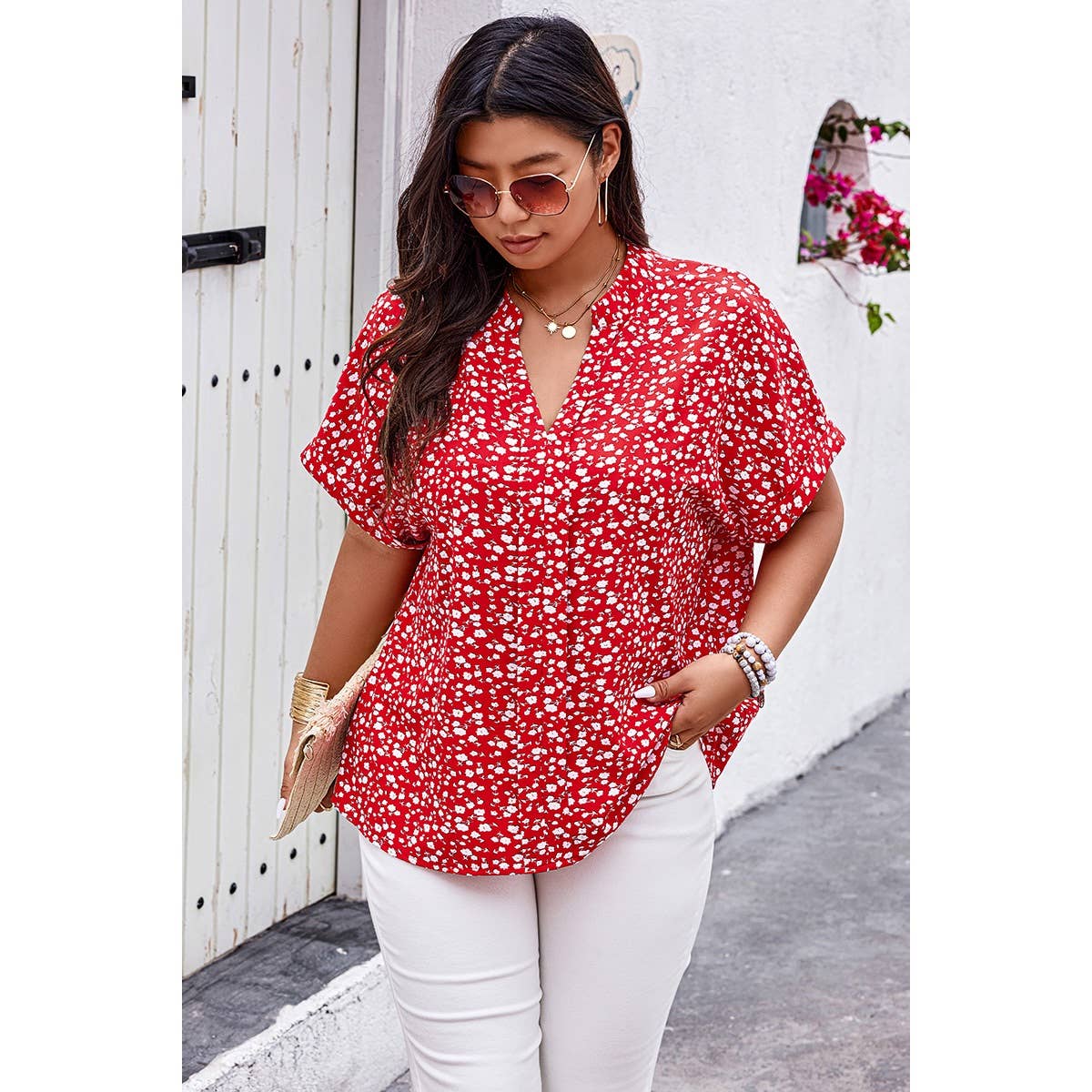 Plus Floral Print V Neck Short Sleeve Loose Blouse