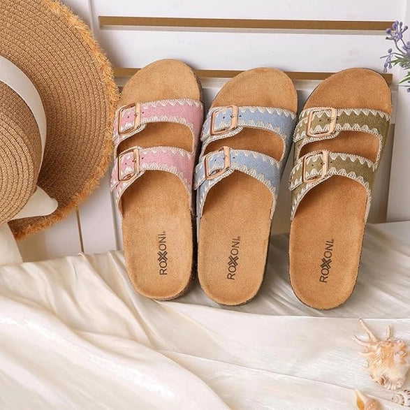 Blue Women's Fashion Cork Sole Double Buckle Sandal