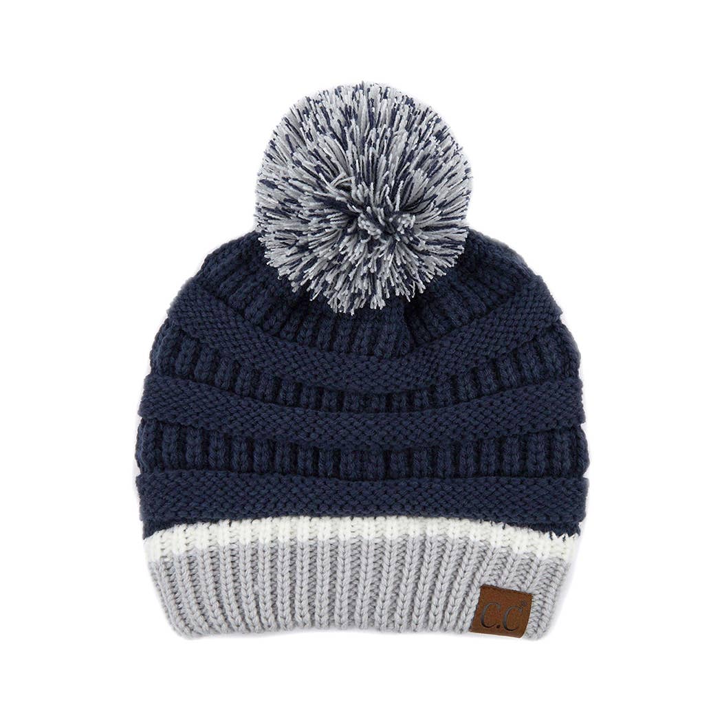 Colorblock Ribbed Beanie with Pom Pom