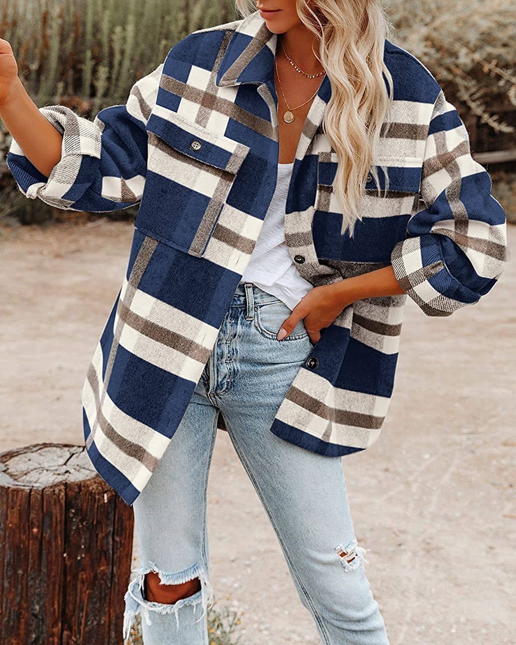 Women's Plaid Button Down Flannel Shirt Jacket