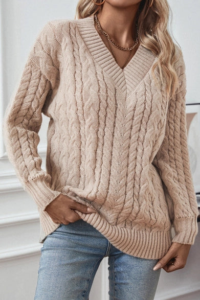 Khaki V-Neck Twist Long-Sleeved Sweater