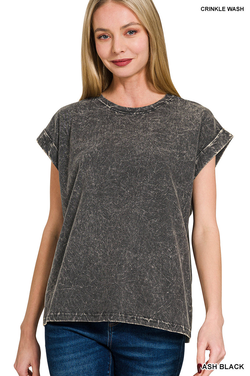 Ash Black Crinkle Washed Round Neck Short Sleeve Top
