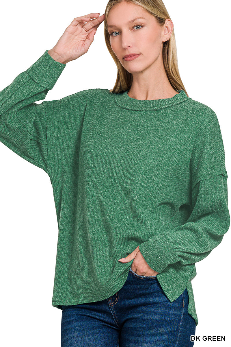 Dk Green Brushed Ribbed Hacci Exposed Seam Drop Shoulder Sweater