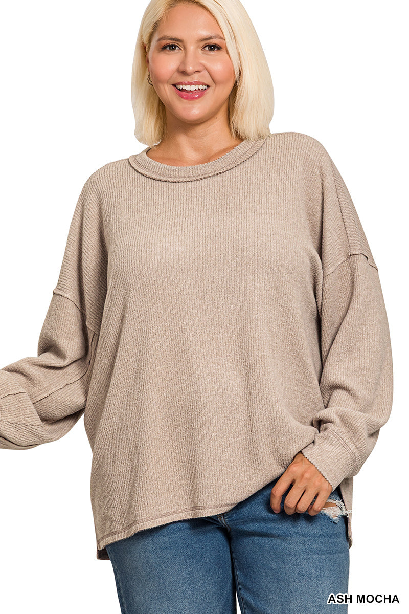 Ash Mocha Plus Brushed Ribbed Hacci Exposed Seam Drop Shoulder Sweater