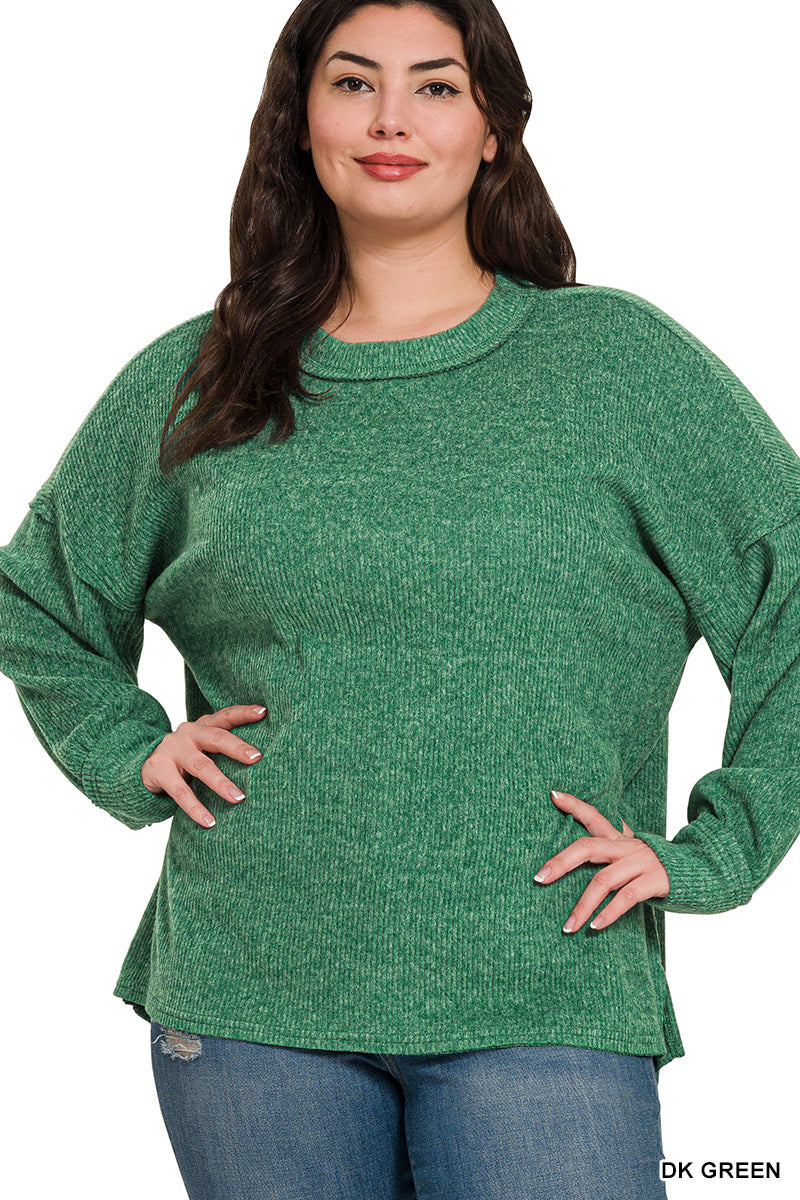DK Green Plus Brushed Ribbed Hacci Exposed Seam Drop Shoulder Sweater
