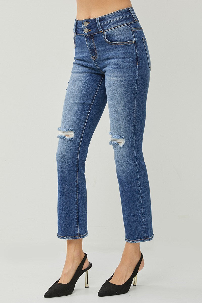Risen High Rise Straight Leg Ankle Distressed Jeans