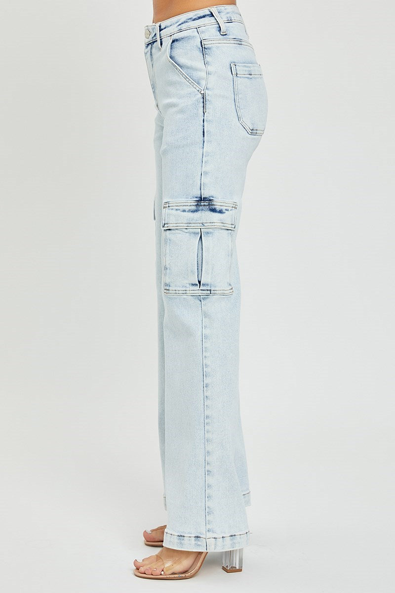 Risen High Rise Wide Leg Cargo Light Wash Jeans