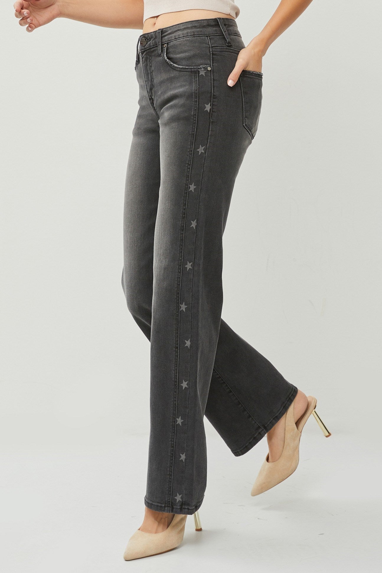Risen Mid Rise Side Star Print Detail Straight Leg Jean