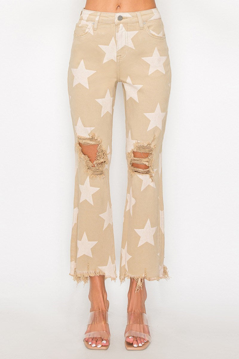 Risen Khaki High Rise Star Printed Straight Leg Jeans