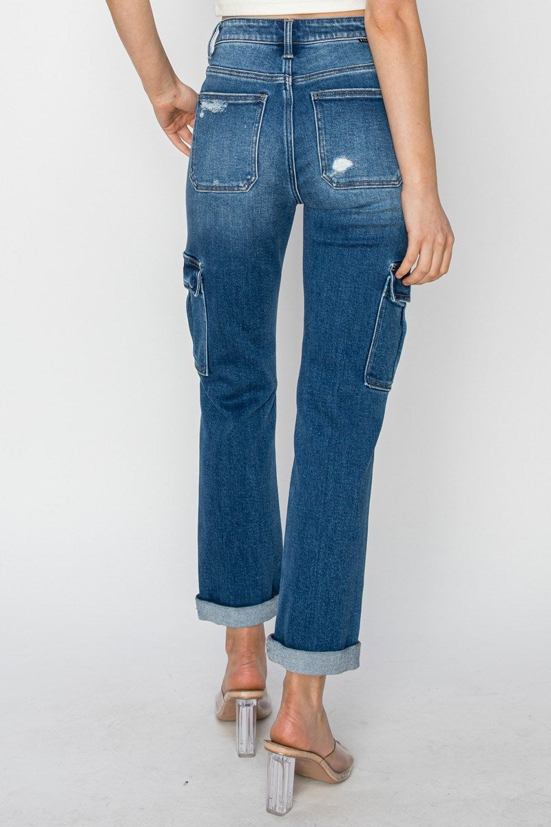 Risen High Rise Ankle Straight Roll Up Jeans