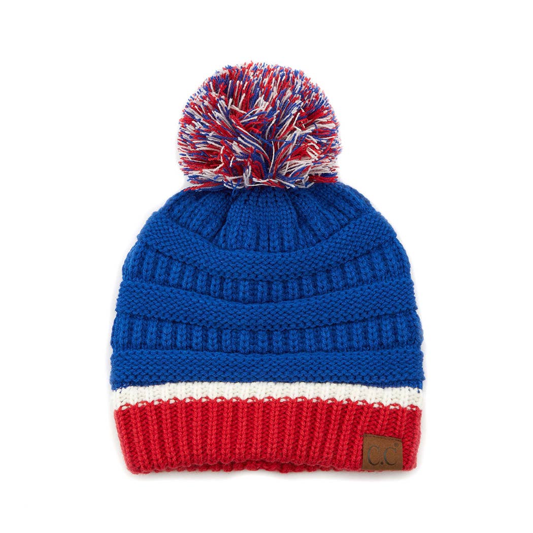 Colorblock Ribbed Beanie with Pom Pom