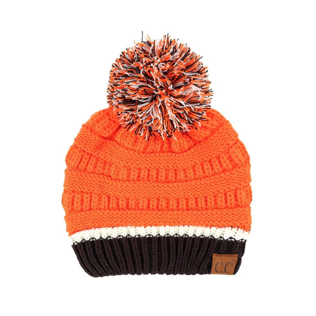 Colorblock Ribbed Beanie with Pom Pom