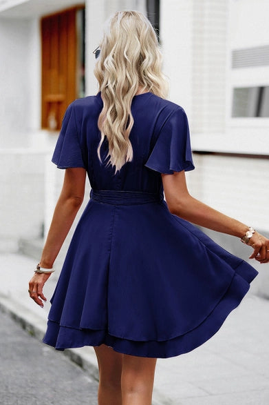 Navy V-Neck Ruffle Mini Dress