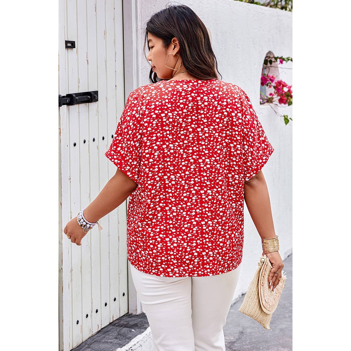 Plus Floral Print V Neck Short Sleeve Loose Blouse