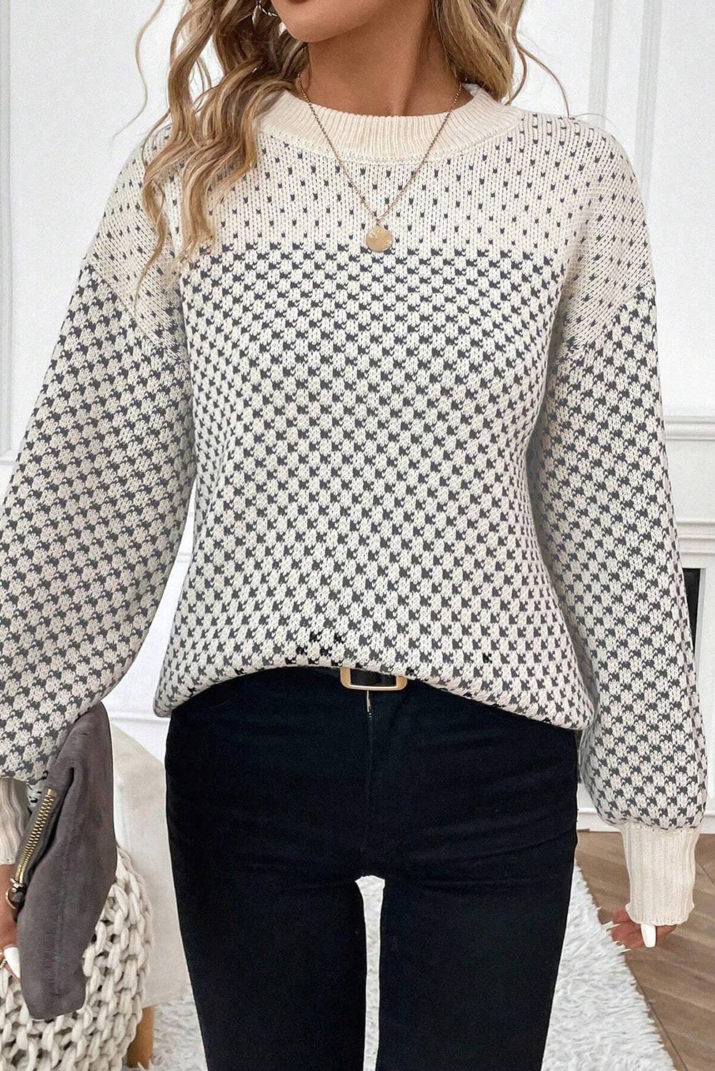 Black Contrast Color Sweater With Lantern Sleeve