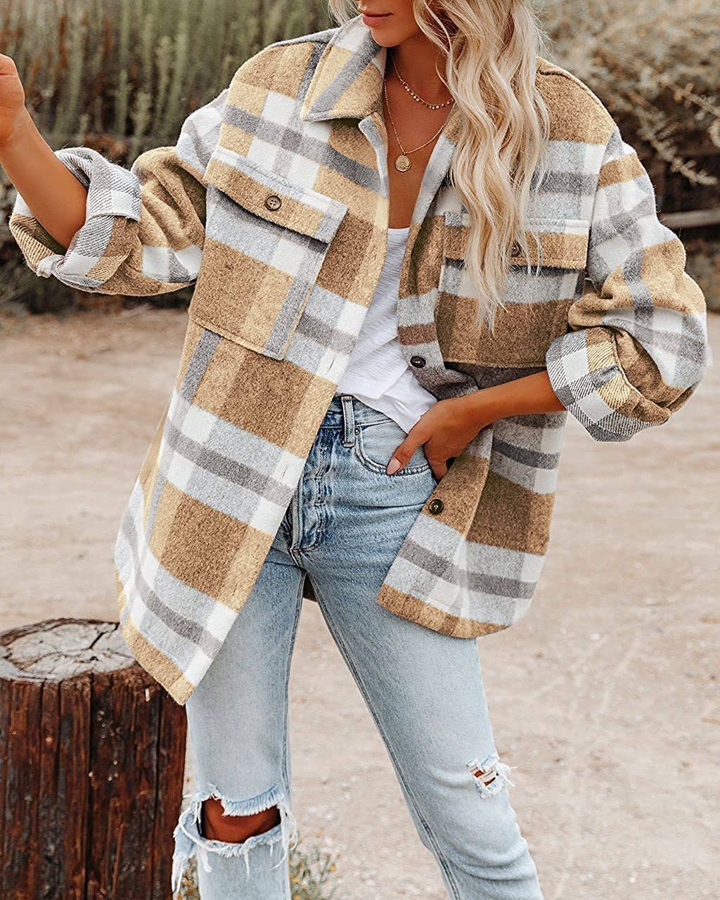 Women's Plaid Button Down Flannel Shirt Jacket