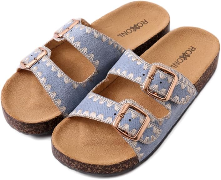 Blue Women's Fashion Cork Sole Double Buckle Sandal