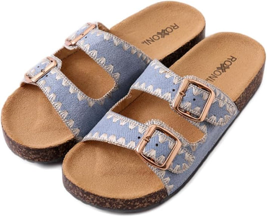 Blue Women's Fashion Cork Sole Double Buckle Sandal