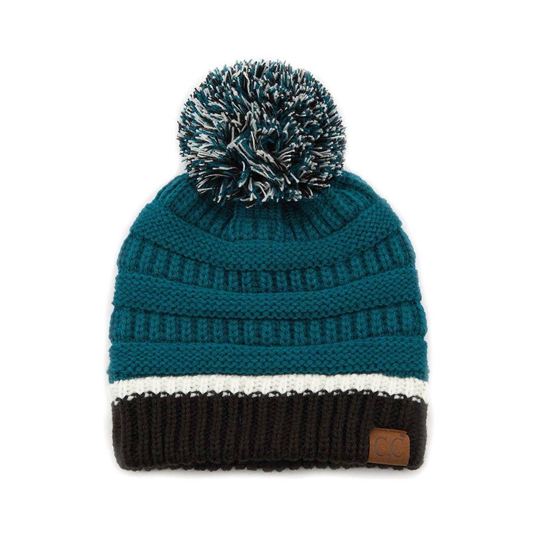 Colorblock Ribbed Beanie with Pom Pom
