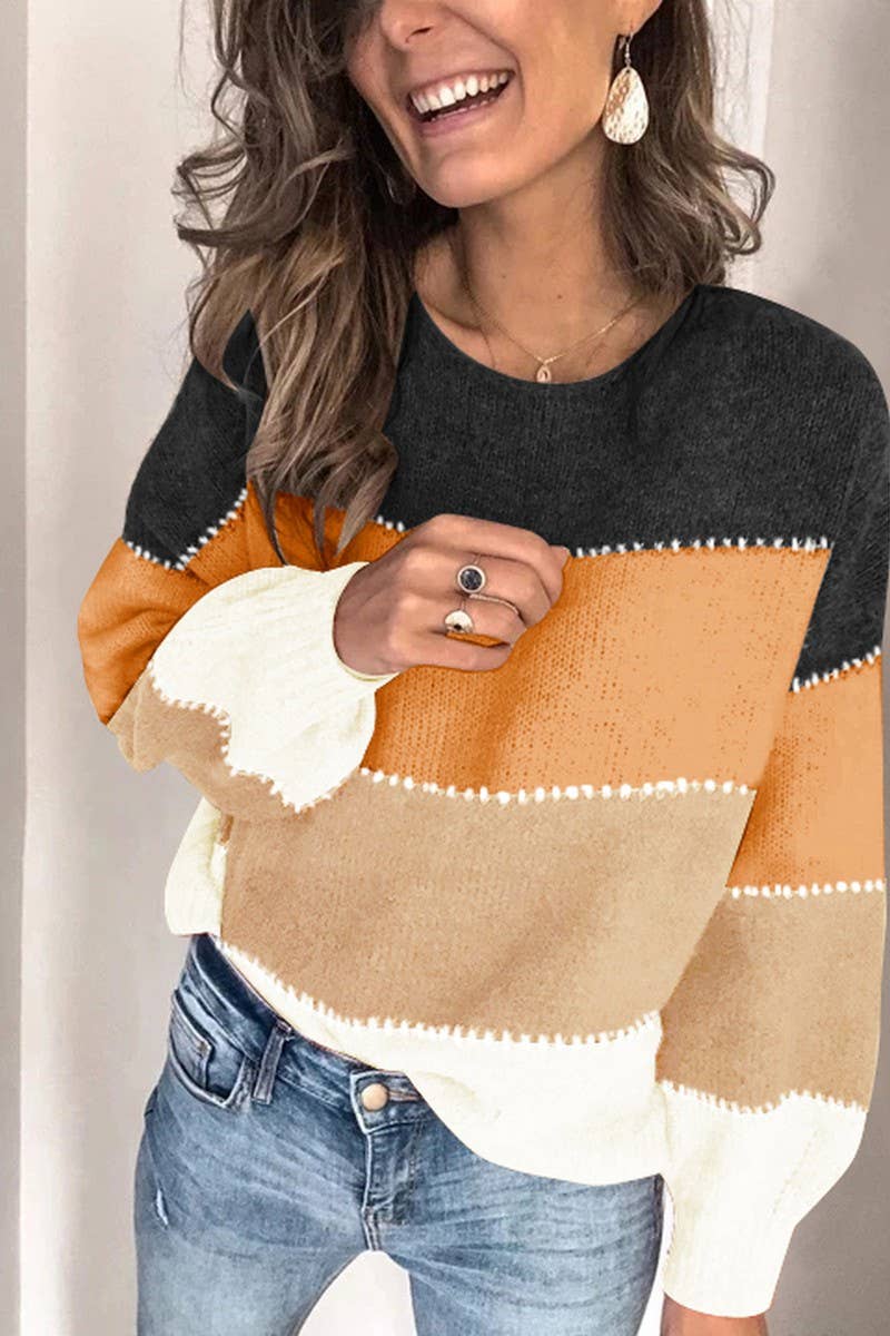 COLOR BLOCK CREW NECK MID-LENGTH KNITTED SWEATER