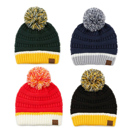Colorblock Ribbed Beanie with Pom Pom