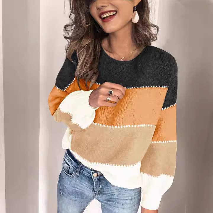 COLOR BLOCK CREW NECK MID-LENGTH KNITTED SWEATER