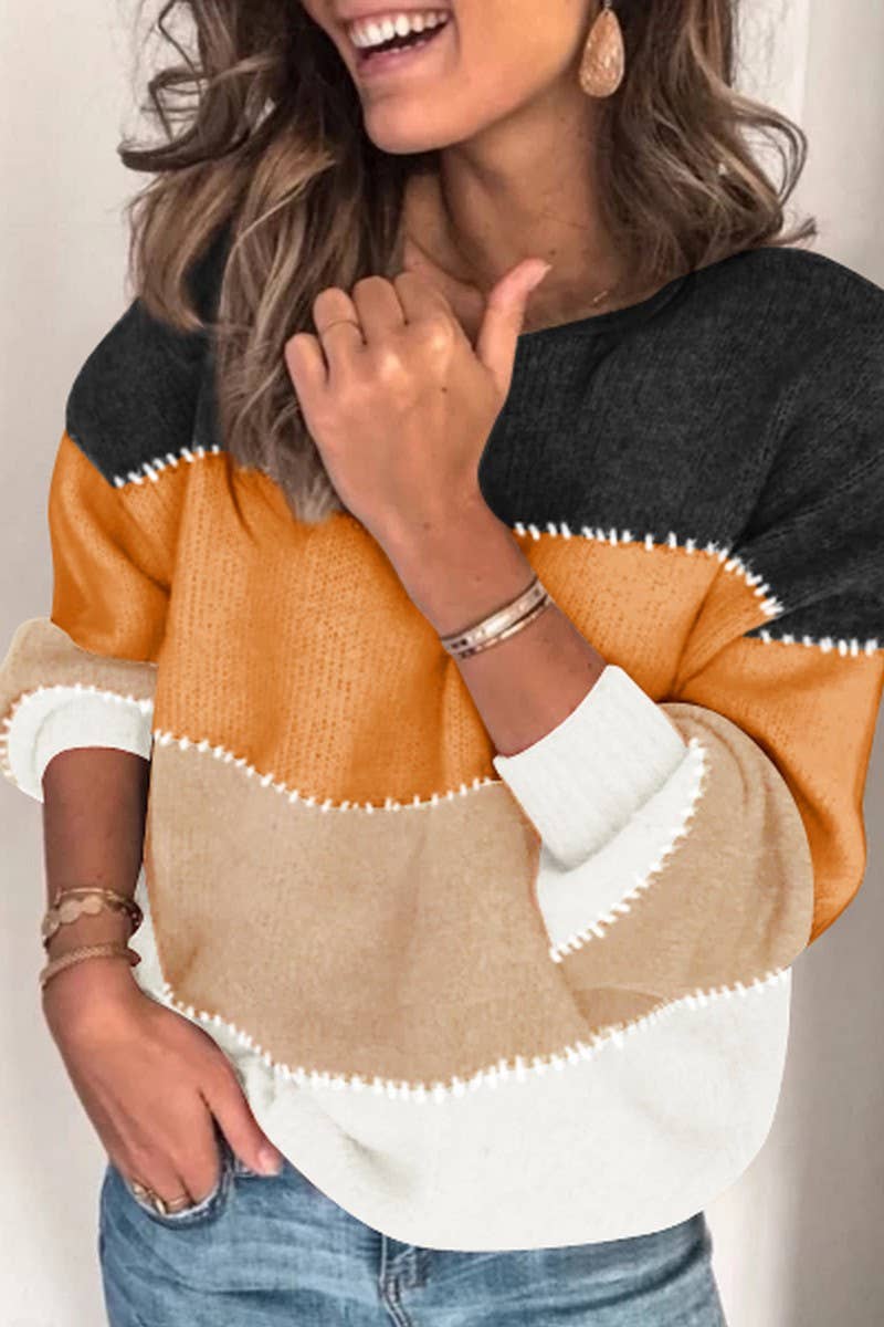 COLOR BLOCK CREW NECK MID-LENGTH KNITTED SWEATER