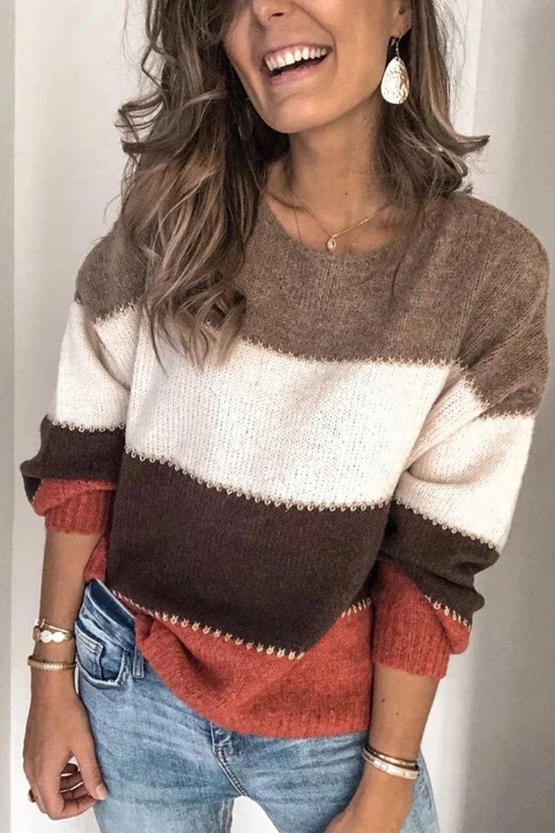 COLOR BLOCK CREW NECK MID-LENGTH KNITTED SWEATER
