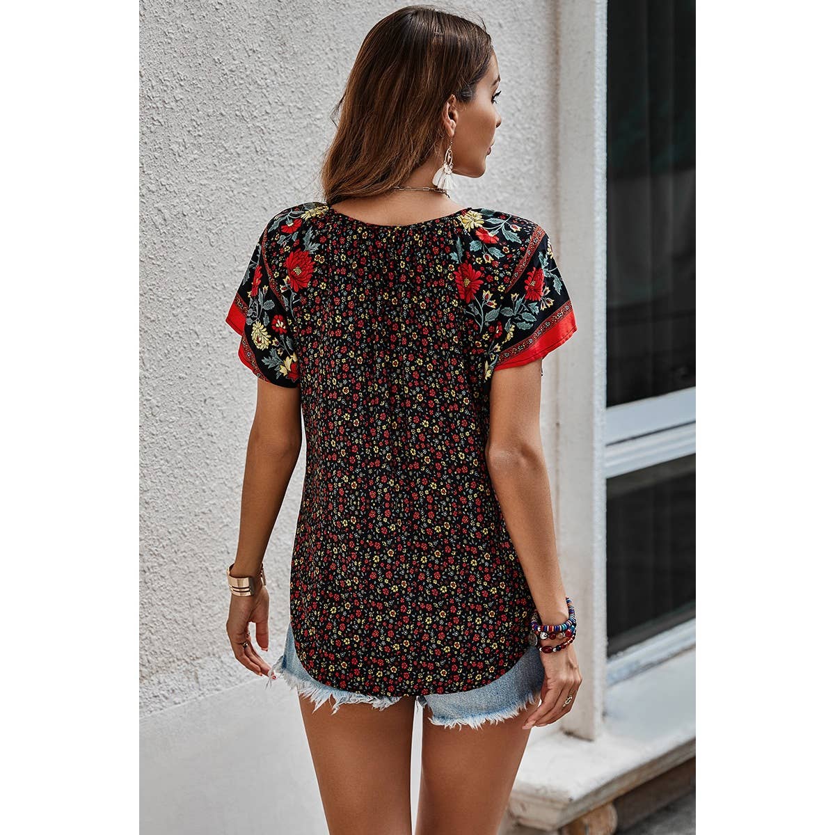 Floral Boho Ruffle V Neck Short Sleeve Loose Shirt