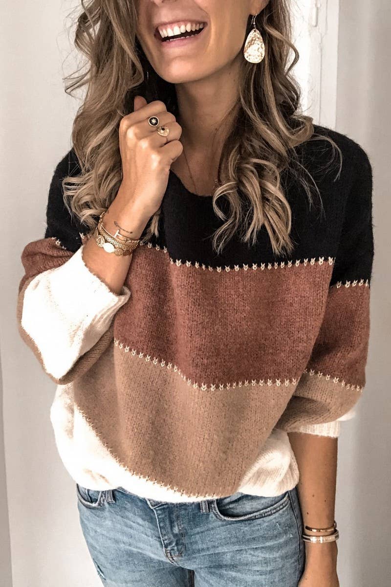 COLOR BLOCK CREW NECK MID-LENGTH KNITTED SWEATER