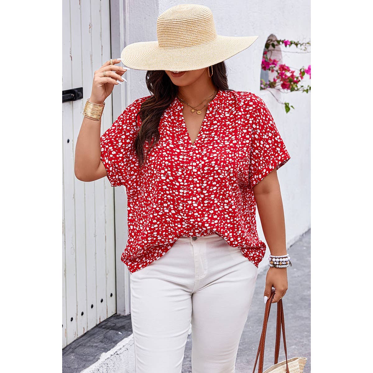 Plus Floral Print V Neck Short Sleeve Loose Blouse