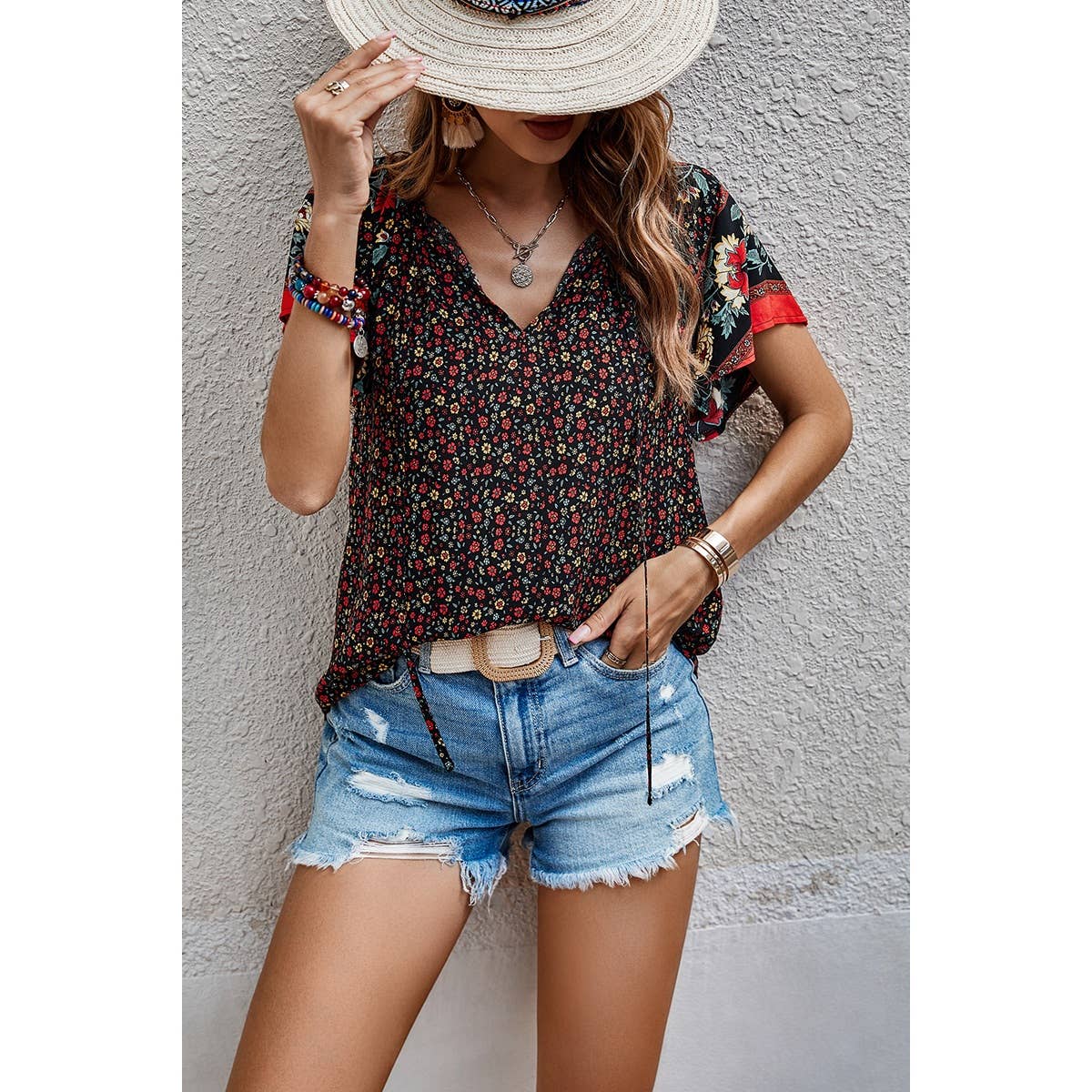 Floral Boho Ruffle V Neck Short Sleeve Loose Shirt