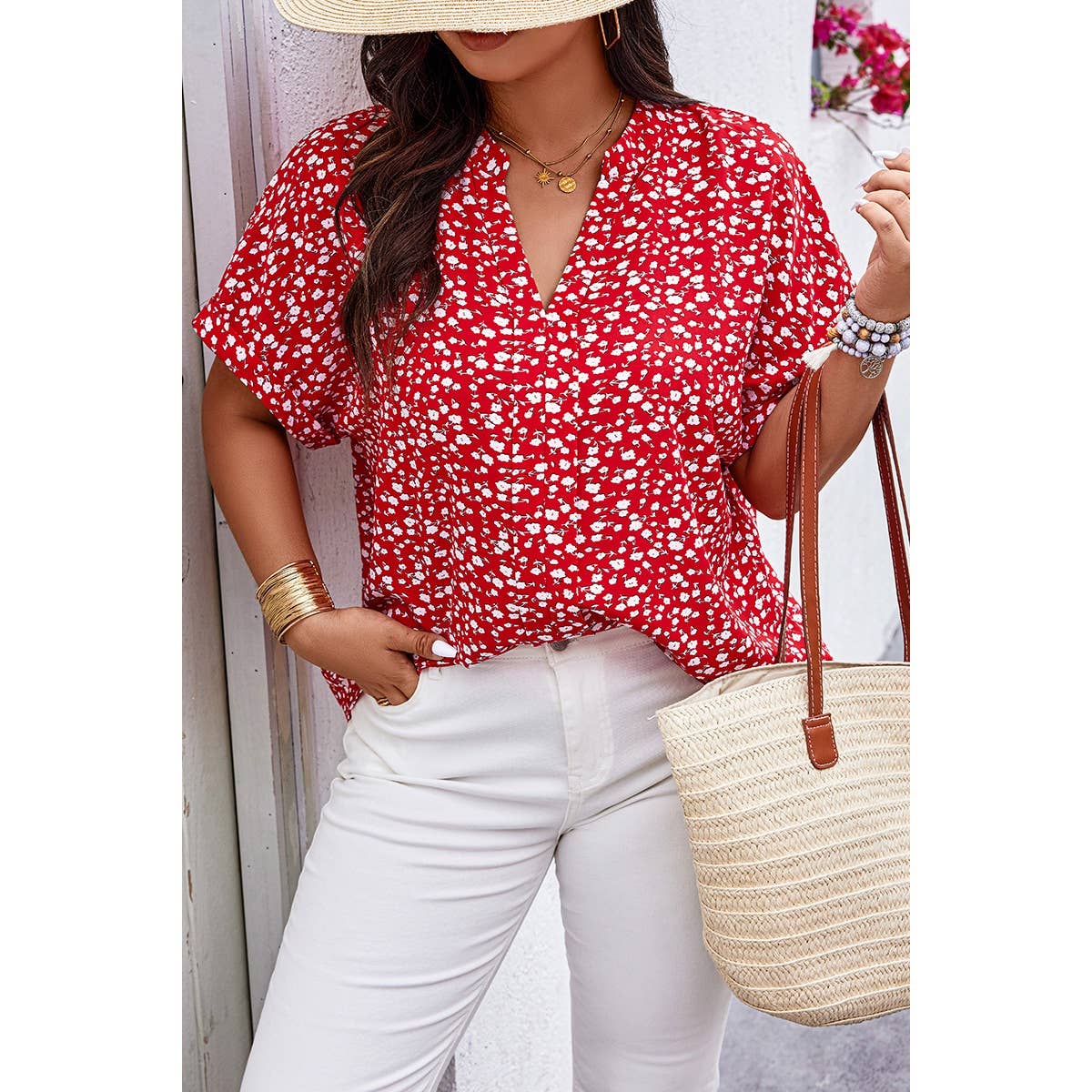 Plus Floral Print V Neck Short Sleeve Loose Blouse
