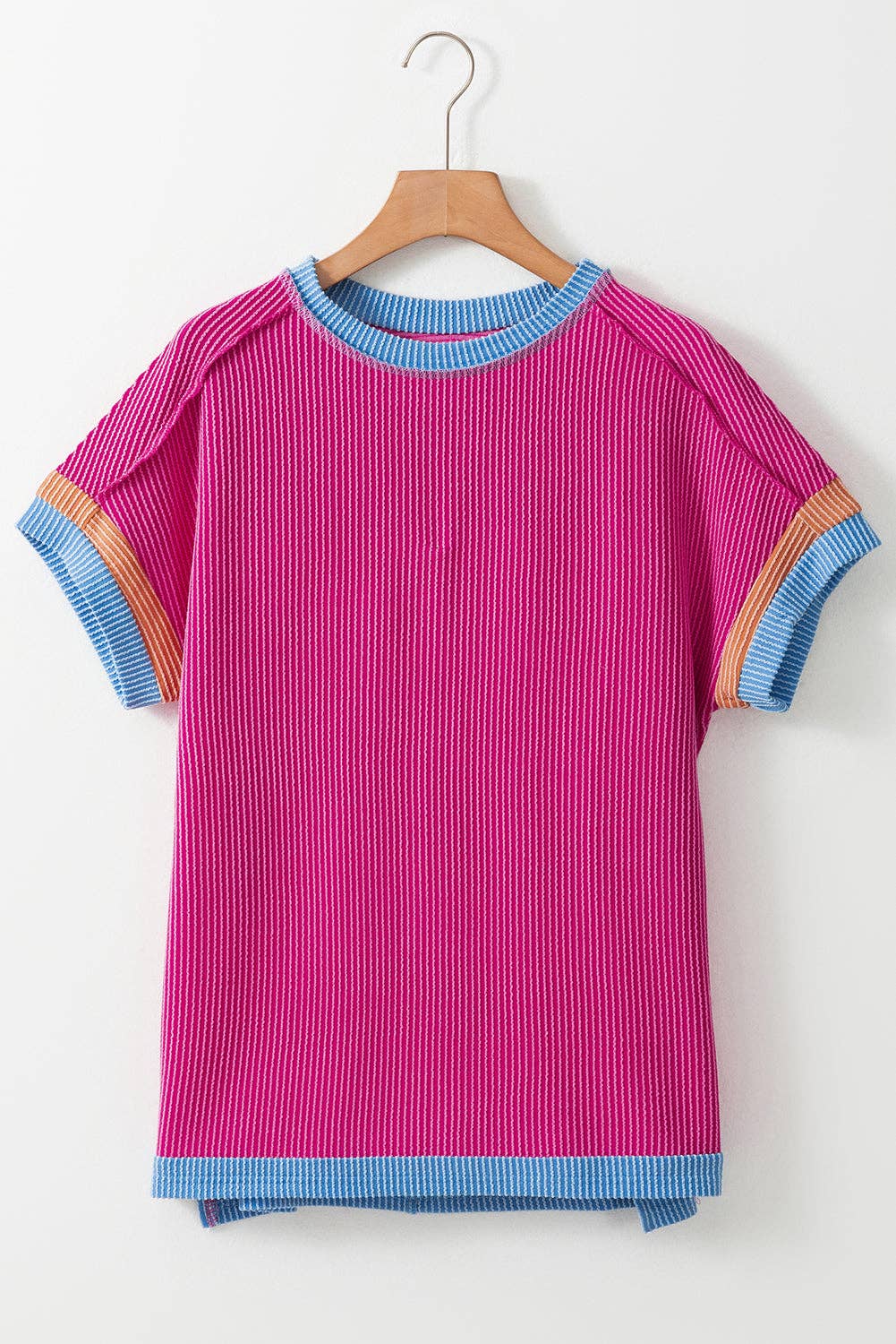 Textured Contrast Trim Round Neck T Shirt