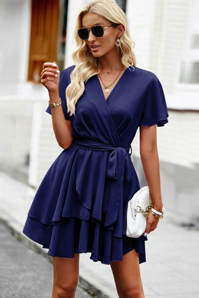Navy V-Neck Ruffle Mini Dress