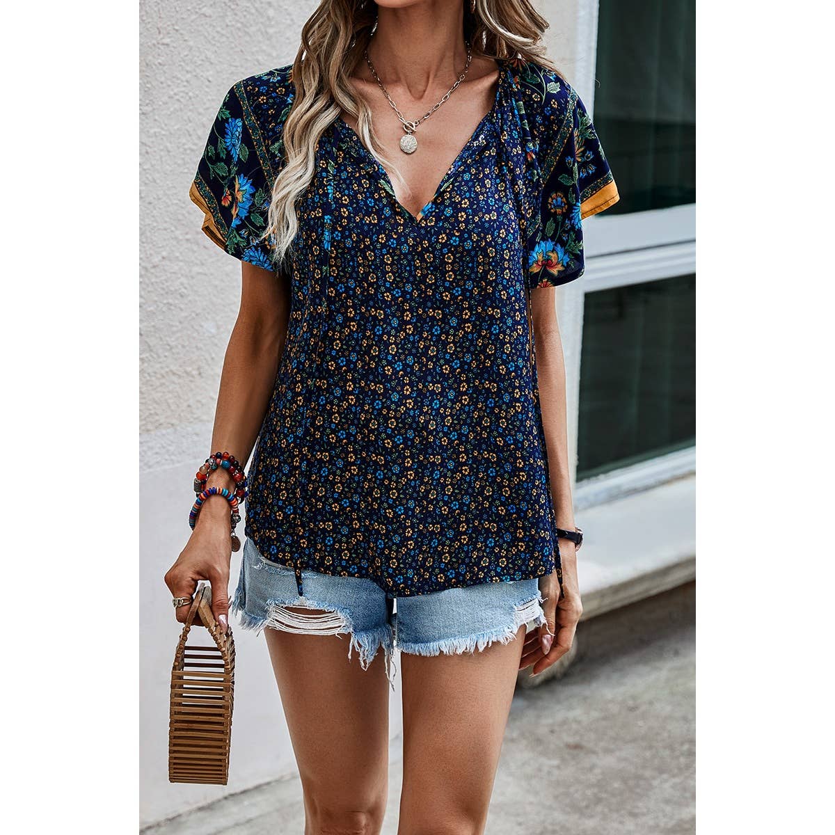 Floral Boho Ruffle V Neck Short Sleeve Loose Shirt