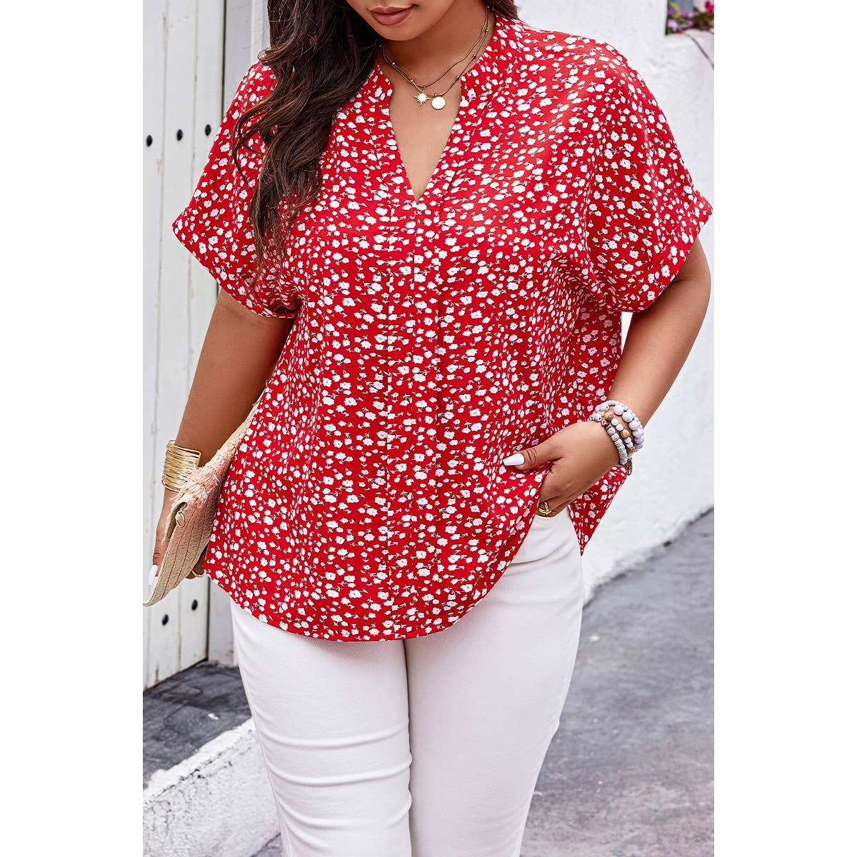 Plus Floral Print V Neck Short Sleeve Loose Blouse