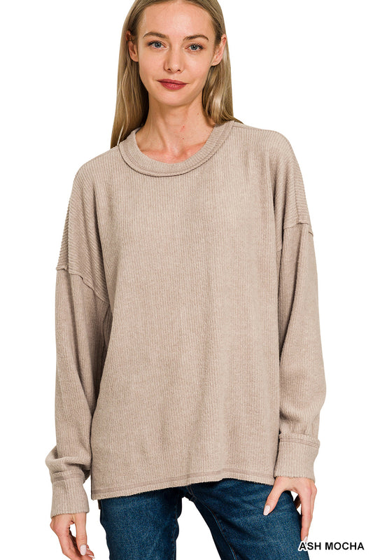 Ash Mocha Brushed Ribbed Hacci Exposed Seam Drop Shoulder Sweater