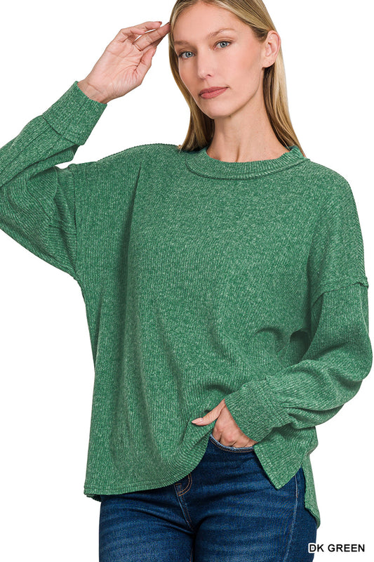 Dk Green Brushed Ribbed Hacci Exposed Seam Drop Shoulder Sweater