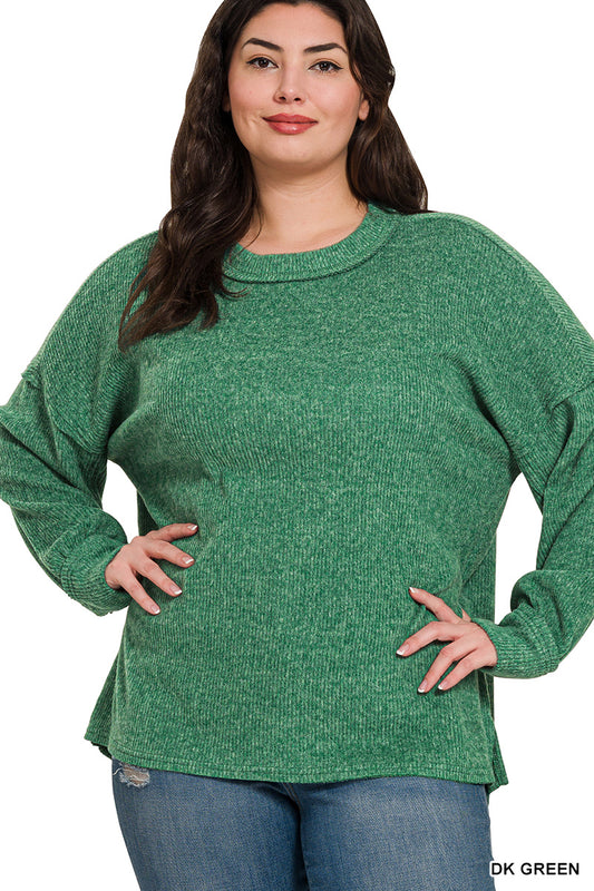 DK Green Plus Brushed Ribbed Hacci Exposed Seam Drop Shoulder Sweater
