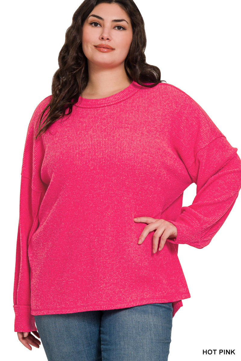 Hot Pink Plus Brushed Ribbed Hacci Exposed Seam Drop Shoulder Sweater