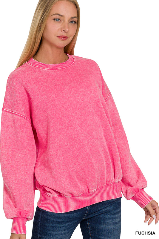 Fuchsia Acid Washed Fleece Oversized Pullover