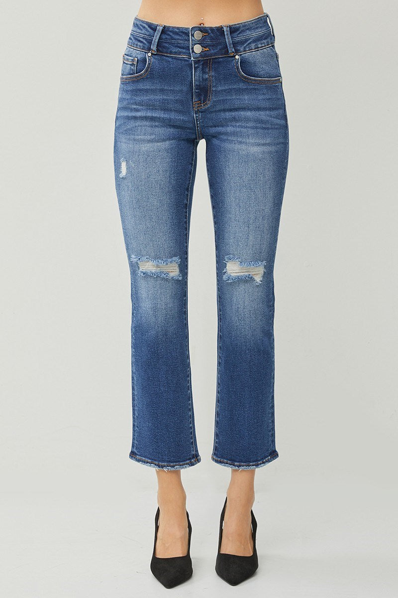 Risen High Rise Straight Leg Ankle Distressed Jeans
