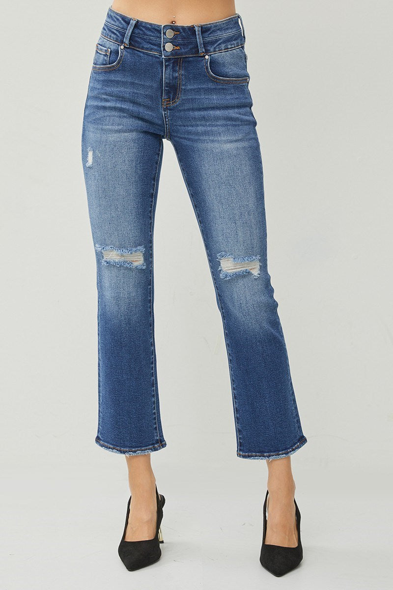 Risen High Rise Straight Leg Ankle Distressed Jeans